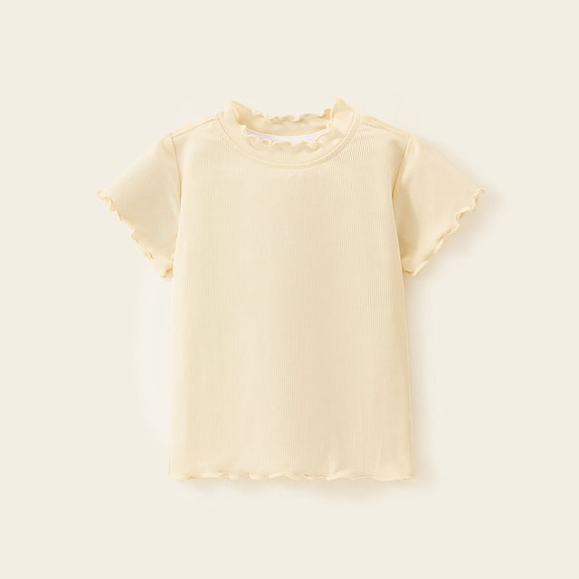 SGFCWSX Kids Girls T-Shirt, Ruffled Solid Color Comfy Soft Daily Casual Tee Beige 8-9T