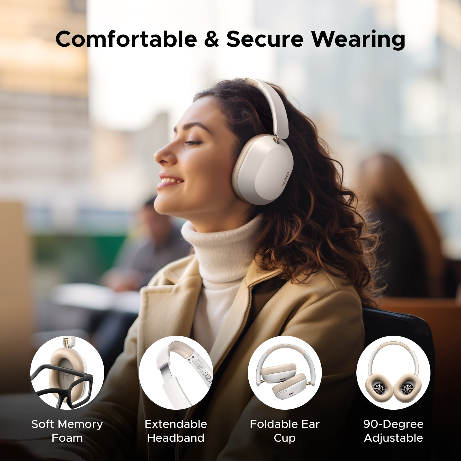 UGREEN Max5 C Noise Cancelling Over-Ear Headphones, Bluetooth 5.4, 75 Hours Playtime, White