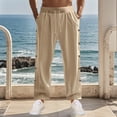 thumbnail image 2 of Wyobmus Lightweight Linen Pants for Men Solid Color Button Elastic Waist Drawstring Pants Baggy Straight Pant Summer Beach Pants Breathable Trousers Khaki, 2 of 7