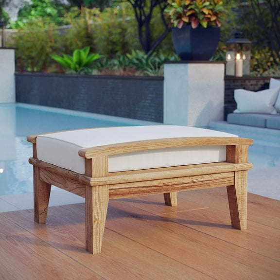 Modway Marina Outdoor Patio Teak Ottoman in Natural White