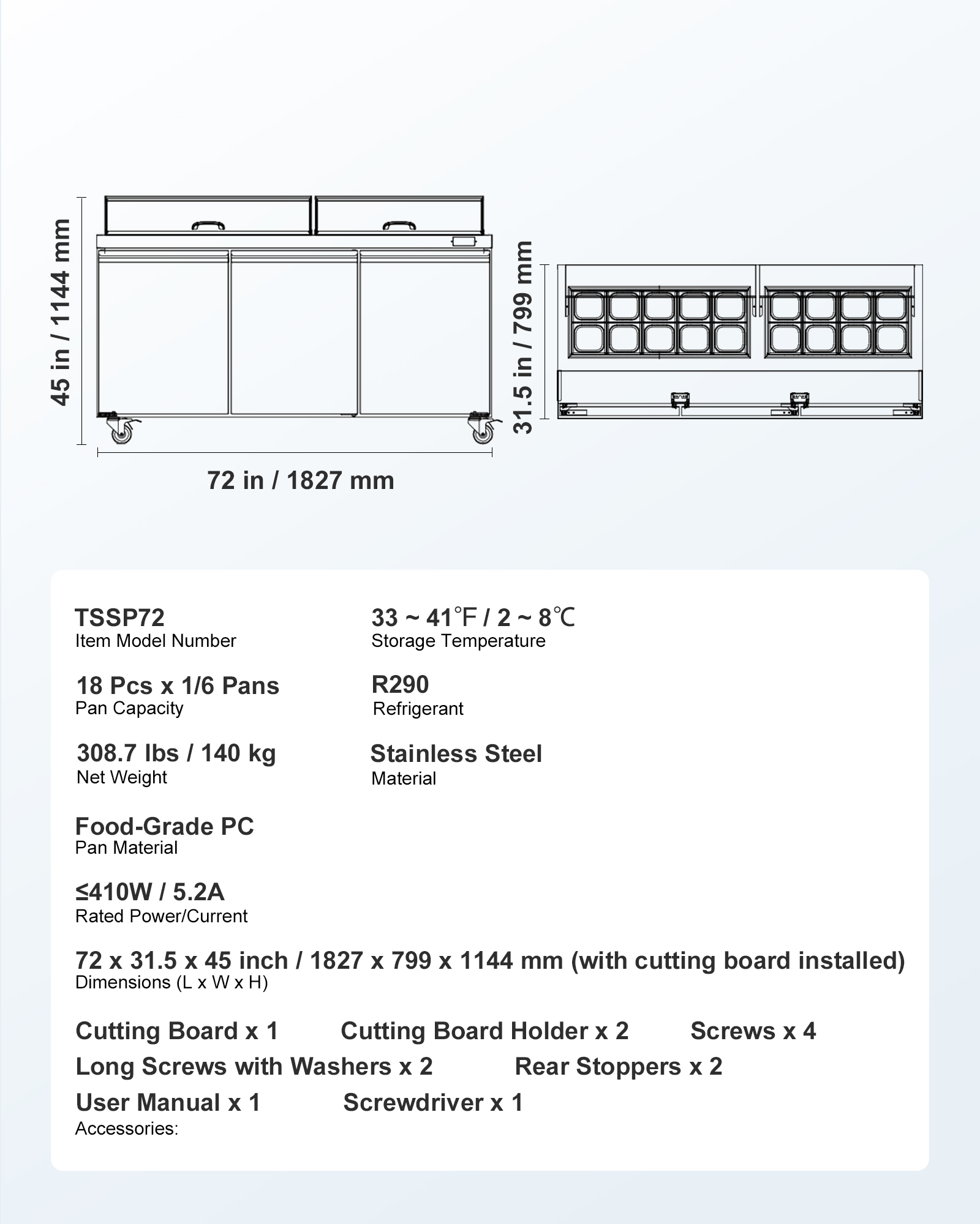VEVOR 72"W Commercial Refrigerator, 18.7 Cu. Ft Sandwich Prep Refrigerated Table,Mega Top Food Prep Fridge with 18 Pans and Cutting Board,Stainless Steel Salad Prep Cooler for Restaurant,Food Truck