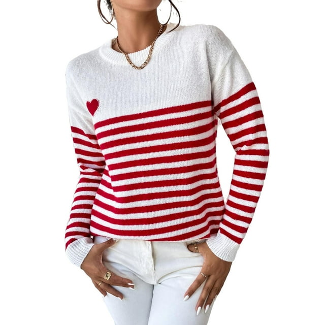 Casual Heart Pattern Round Neck Pullovers Long Sleeve Red and White Women's Sweaters (Women's