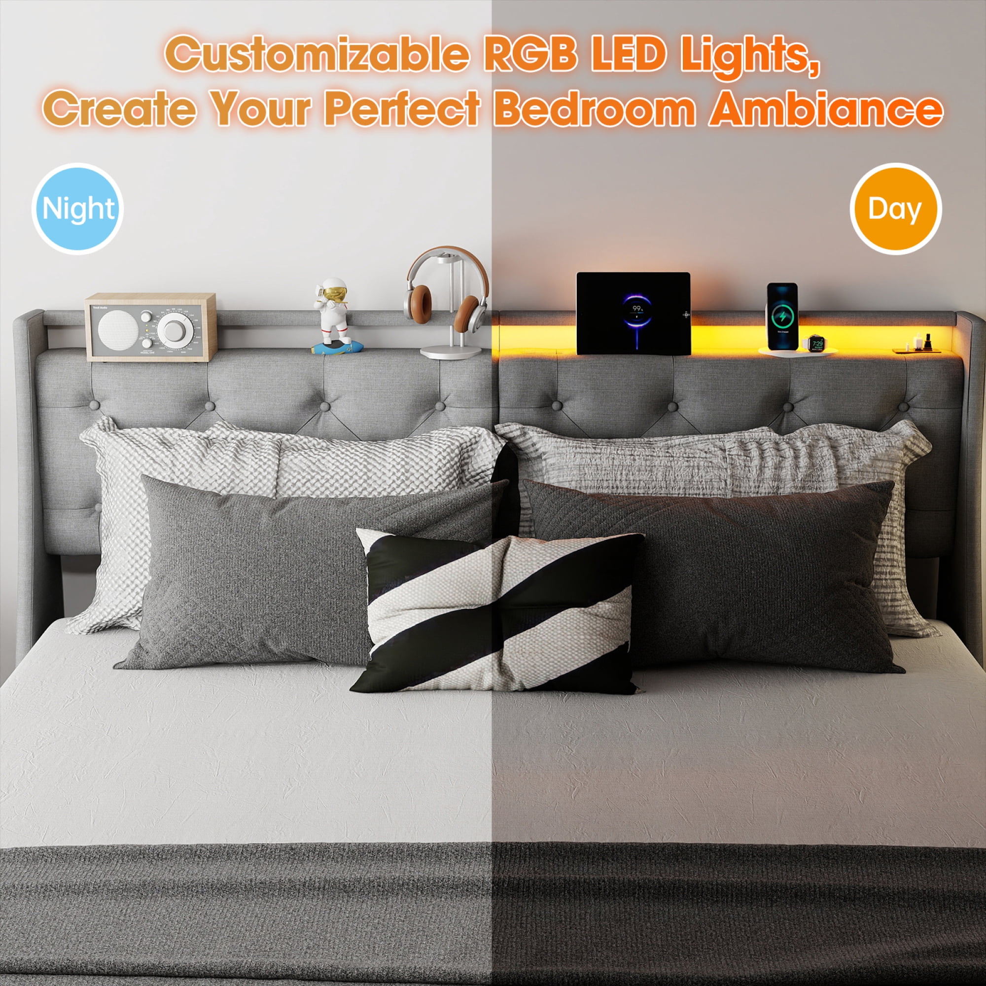 HOQBN King Size Bed Frame with Storage Headboard and 4 Drawers, Metal Bed Frame Platform with LED Light, Charging Station, No Box Spring Needed