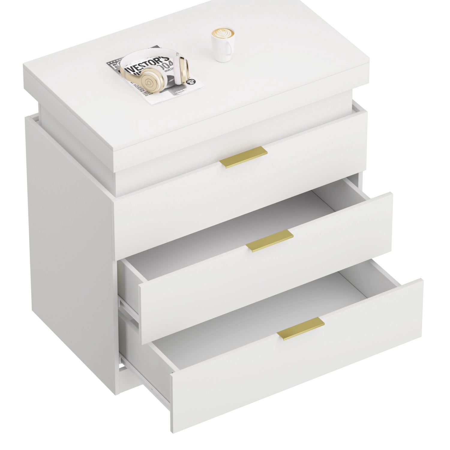 Nightstand with Charging Station and LED Lights, Modern Bedside Table with Sliding Top Drawer, 3 Storage Drawers End Table with USB Ports for Bedroom Living Room, White