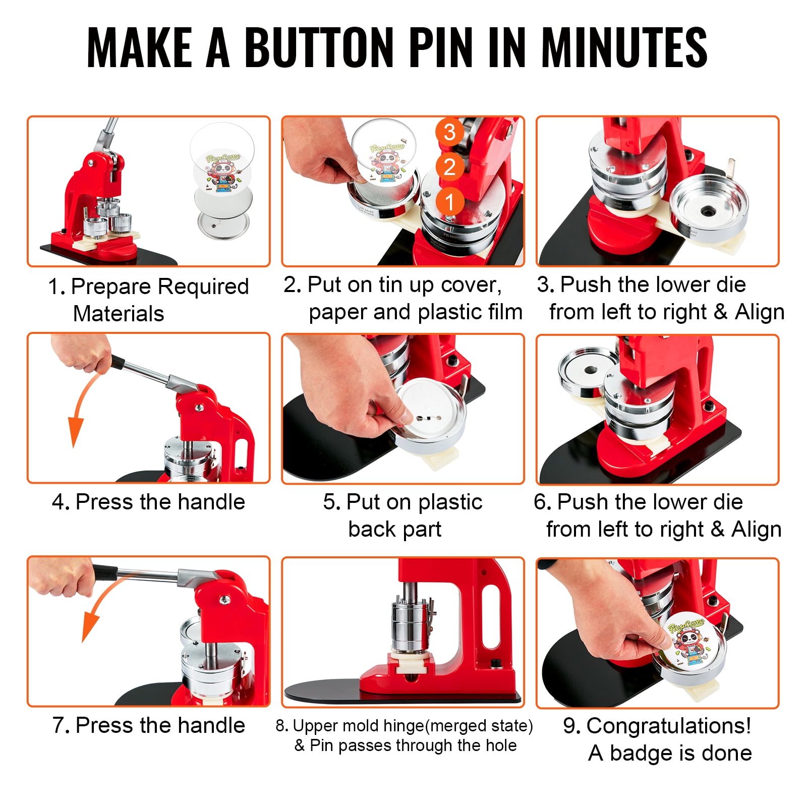 KFFKFF Button Making Machine Badge Pin Machine 1 Inch 25mm 500 Free Parts Press Kit