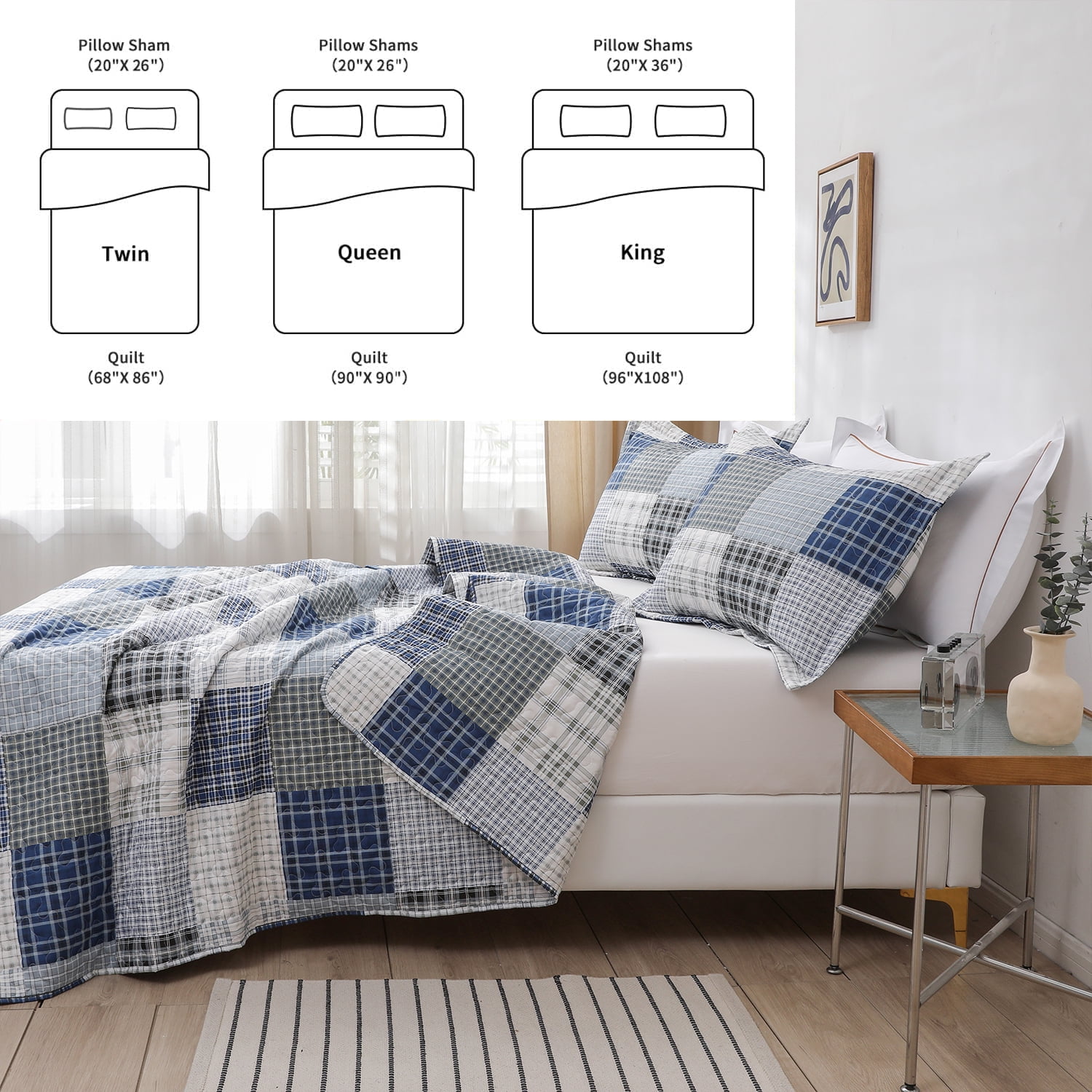 3 Piece Quilt Set King Size Bedspread Coverlet Mens Plaid Patchwork Bedding Reversible Quilt Queen Microfibers Bedspread Coverlet Lightweight Bedding for All Season Black Blue
