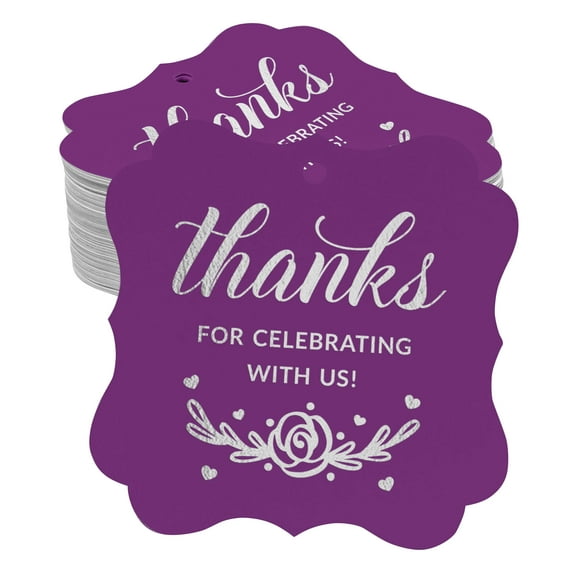 Inkdotpot Pack Of 100 Thanks For Celebrating With Us Bridal Shower-Baby Shower-Retirement-Wedding-Birthday Paper Tags DIY Craft Bracket Shape Real Silver Foil Hang Tags