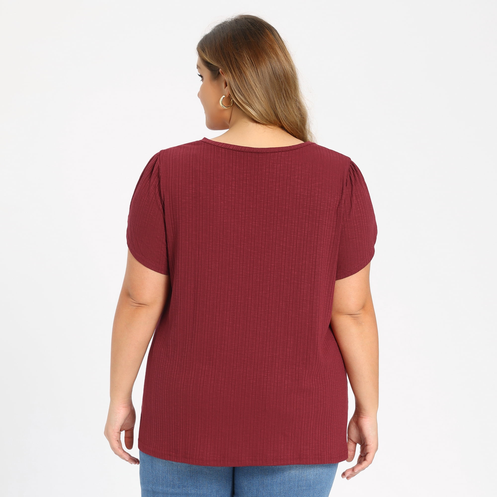 DARING DIVA Women's Plus Tulip Sleeve V Neck T Shirts Basic Blouses 4X Burgundy