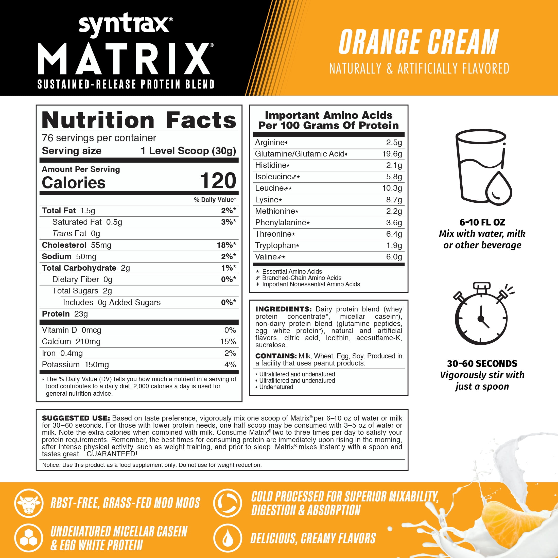 Syntrax Matrix Orange Cream Powerful Sustained-Release Protein Powder Blend 5 lbs