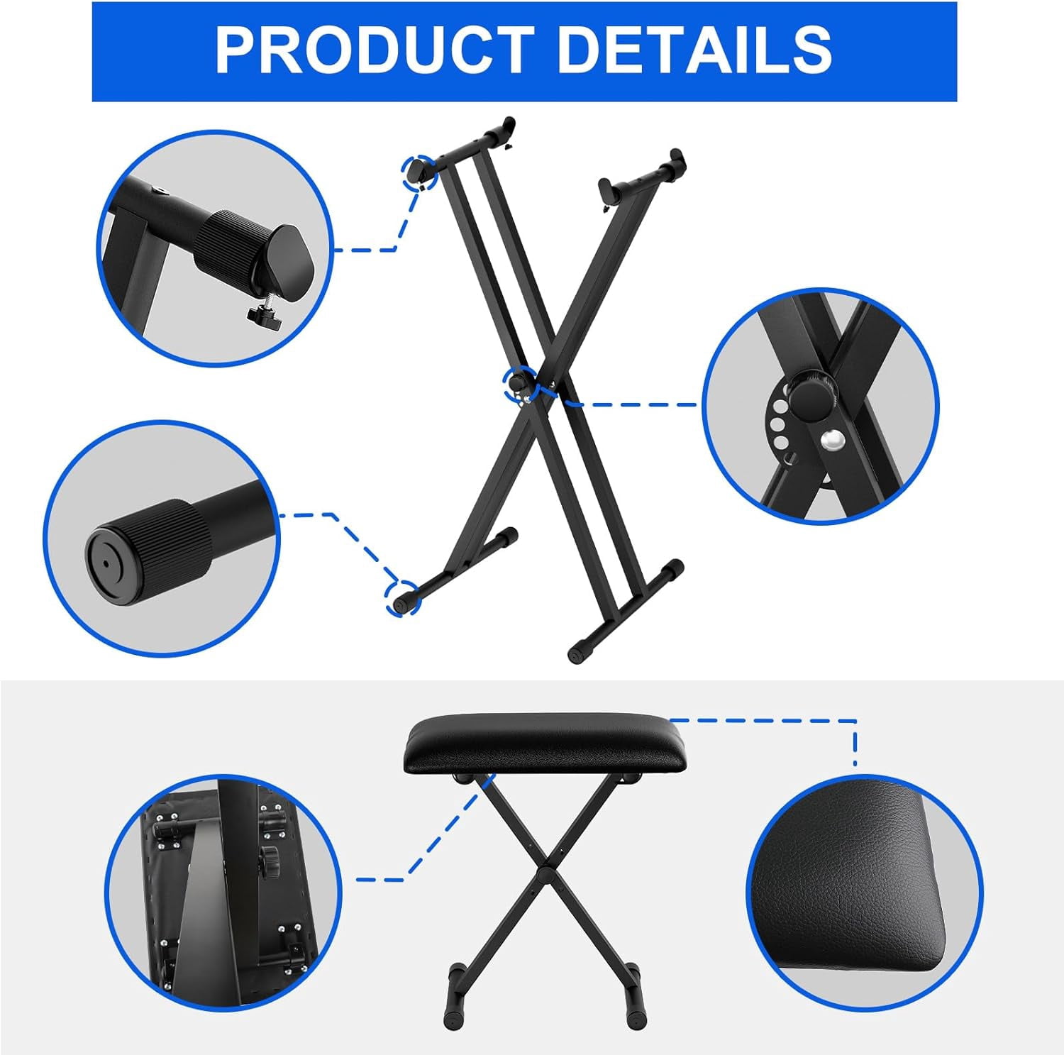 Keyboard Stand & Bench Set, Upgrade Heavy Duty Double-X Keyboard Stand, Adjustable & Portable Digital Piano Stand with Limit Rod