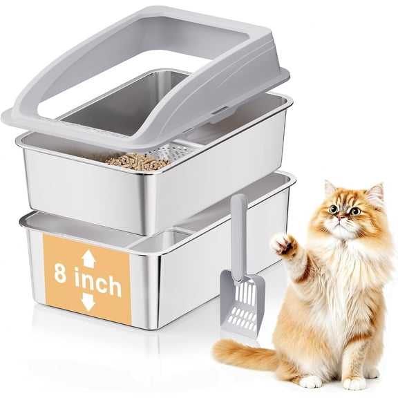 23.6"x15.7"x13.78" Stainless  Sifting Litter Box with Lid, XL Sifting Design for Pine Pellets, High Sides  Litter Box for Big Cats 7.9in Deep, Easy-to-Clean, Non-