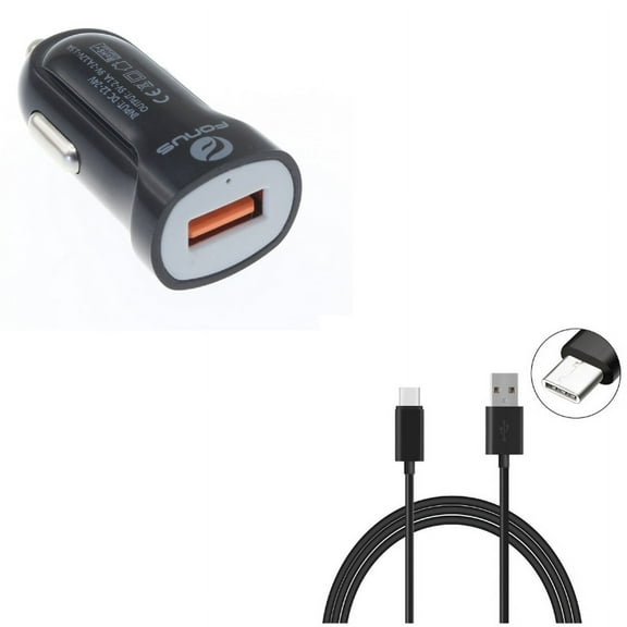 Fast USB Port 18W Car Charger w Charger Cord Type-C 10ft USB Cable P5V for Motorola Moto Z Force Droid X4, Revvlry Plus, G7 Power Play G6 - Nokia 3.1, 7.1, 8, Plus - OnePlus 5T, 6, 6T, 7 Pro