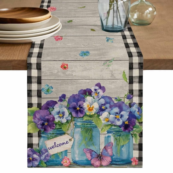 Table Runner - 90 Inch Long, Hello Spring Kitchen Dining Table Runner Dresser Scarves, Pastoral Purple Bottle Floral Wooden Plaid Farmhouse Decor for Coffee Tables Wedding Party Banquet