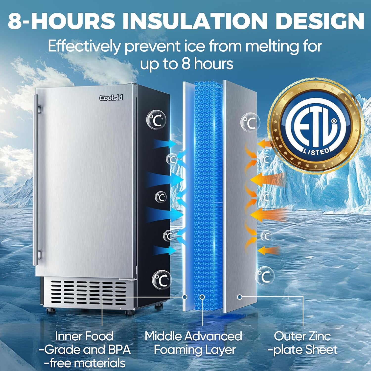 Coolski Commercial Under Counter Ice Maker, 80 lbs/24h Built-in Cube Ice Machine