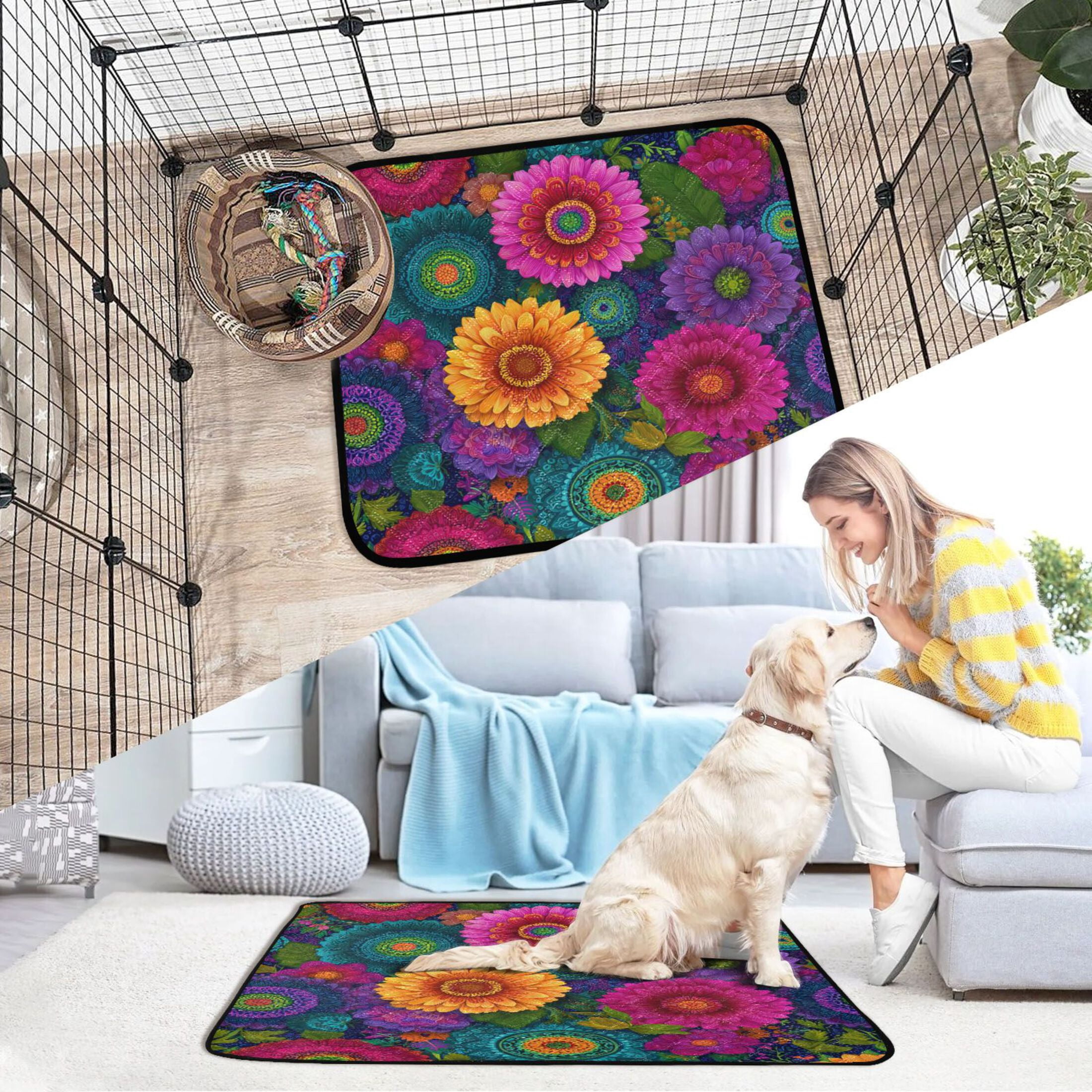 Washable Pet Pee Pads with Super Absorbent Reusable Training Pads for Dogs & Cats Colorful Blooming Flowers
