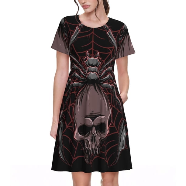 Balery Spider with Skull Vestidos sueltos de manga corta para mujer, vestidos de verano 2025, vestidos casuales de corte A con vuelo.