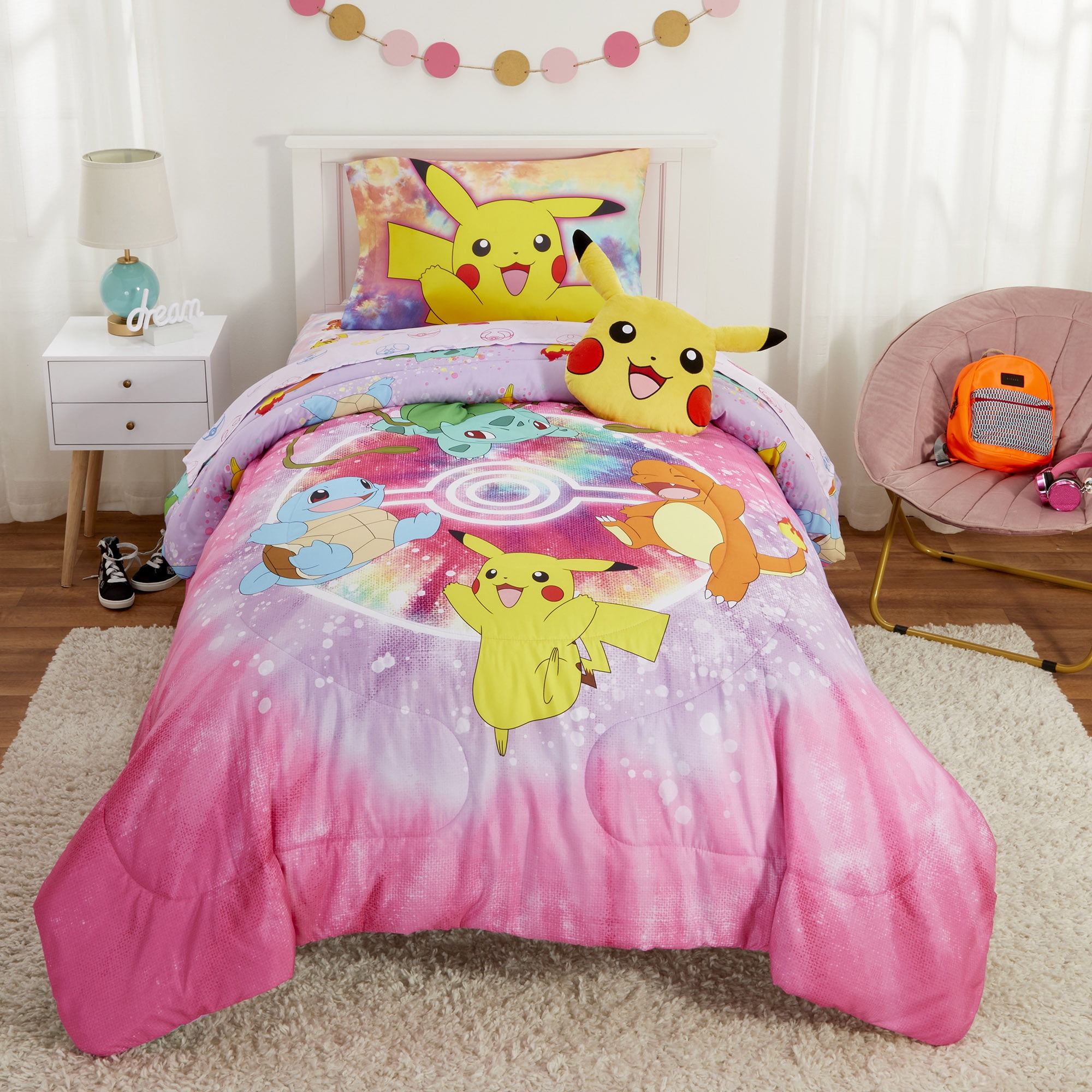 Pokemon Kids Twin Sheet Set, Gaming Bedding, Purple and Pink