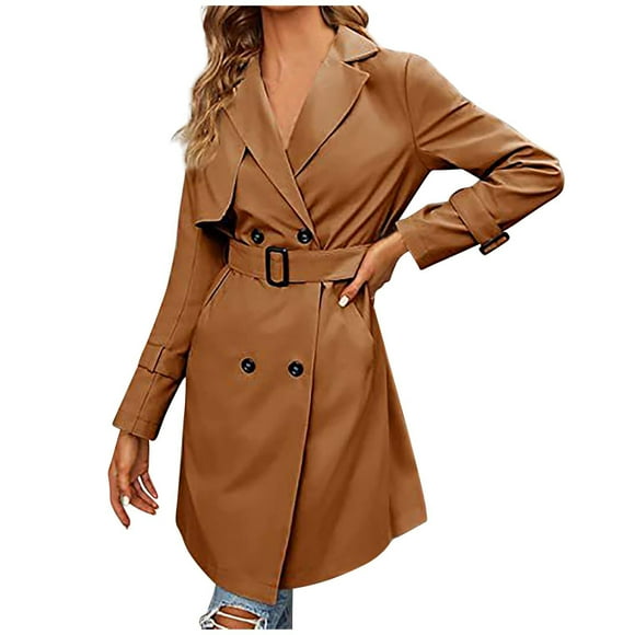 Yuyuzo Business Casual Trench Coat for Women Lapel V Neck Belted Waist Double Breasted Formal Jackets Outwear