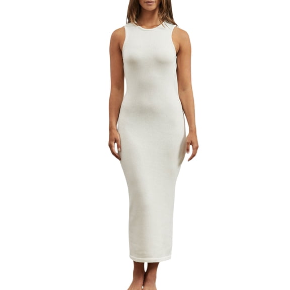 KOMOO Women Knit Tank Dress Sleeveless Backless Split Cocktail Dresses Bodycon Party Long Dress