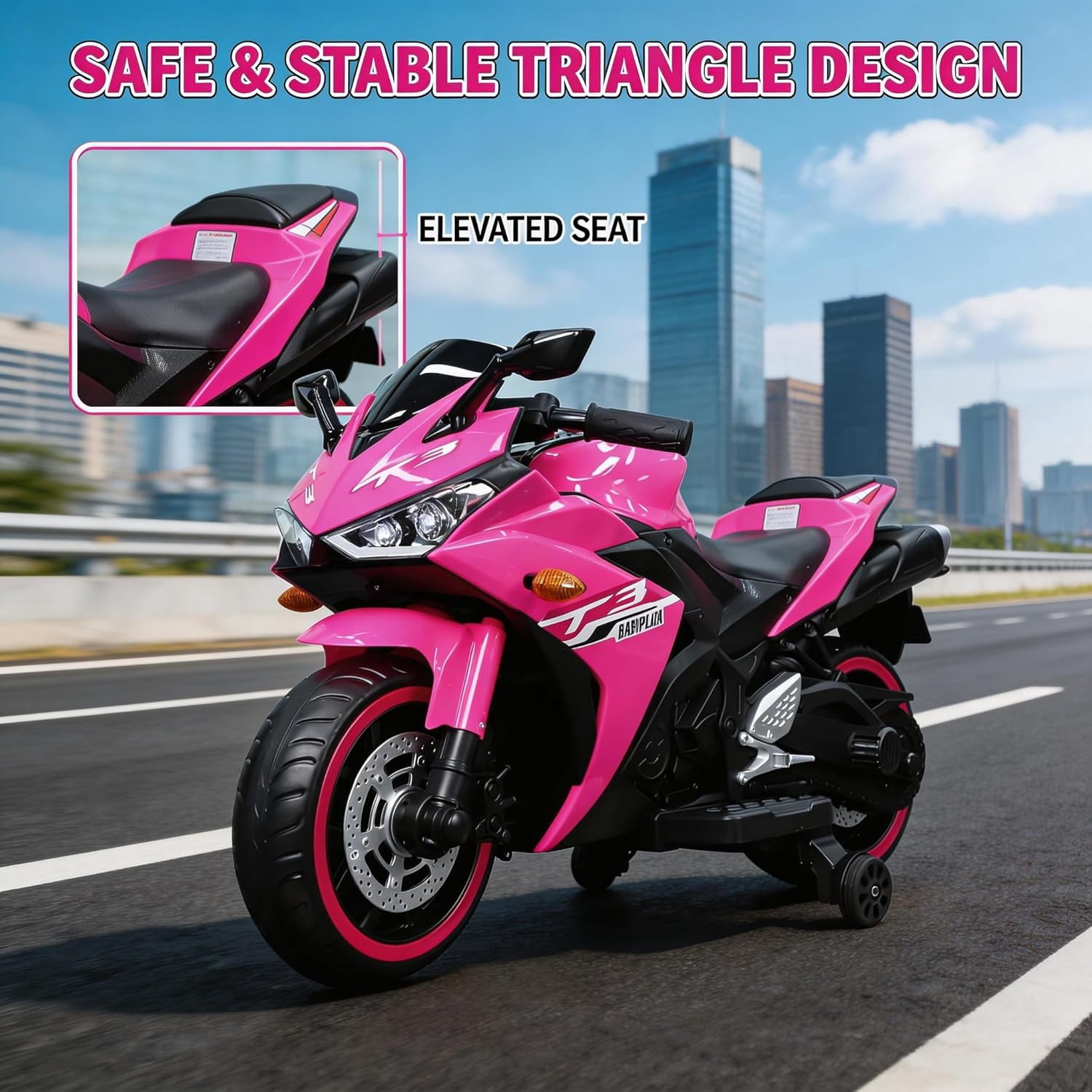 ZOGYMOZ Kids Motorcycle,12V Kids Electric Motorcycle with Training Wheels,Ride On Motorbike, Speed by Hand, Music Function, Max Load 88LB (Pink)