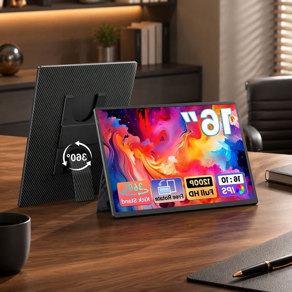 16.1 Inch Portable Monitor for Laptop, 1200P FHD -Thin Laptop Screen Extender, Horizontal Vertical with ° Rotating Detachable Stand, and Travel Monitor for Laptop Chrome