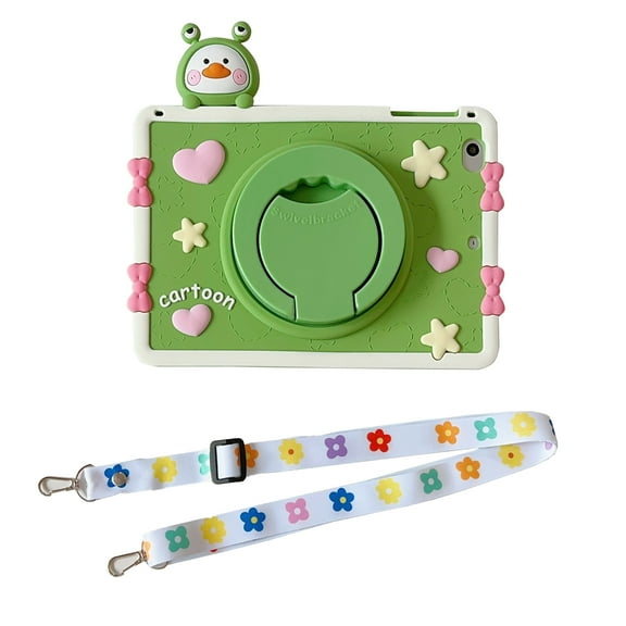 for iPad 9th 8th 7th Generation (10.2 inch, 2021/2020/2019) Case Kids Shockproof Cover 3D Cartoon with Rotating Handle Stand Shoulder Strap Soft Silicone Child Case,Green