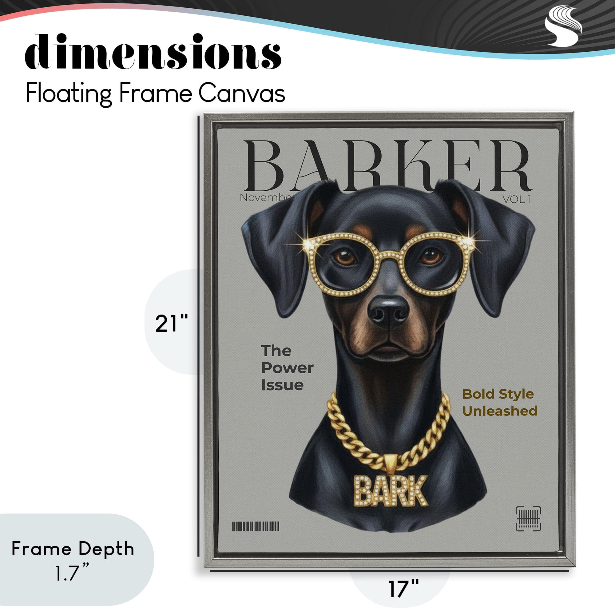 Stupell Industries Barker Dog Fashion Magazine Gray Framed Floater Canvas Wall Art, design by A Barefoot Stylist