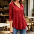 thumbnail image 5 of hoksml Women Drawstring Hood V Neck 3/4 Sleeve Tunic Top Curved Hem Loose Raglan Pullover for Casual Daily Lounge, 5 of 9