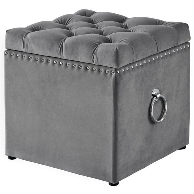 Hunter Ottoman de Rangement en Velours Gris - Markella Clous Chromés