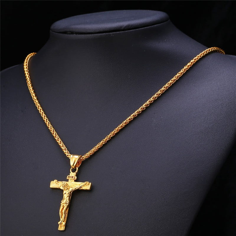 Hafrita Inri Crucifix Jesus Piece Stainless Steel Pendant Necklace Men Catholic Religious Cross Gold Necklace