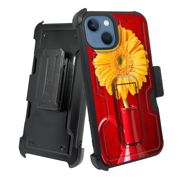 ANJ  Rugged Shockproof Holster Case w/Card Slot, Kickstand   Tempered Glass for iPhone 13 (6.1") - Sunflower in Vase