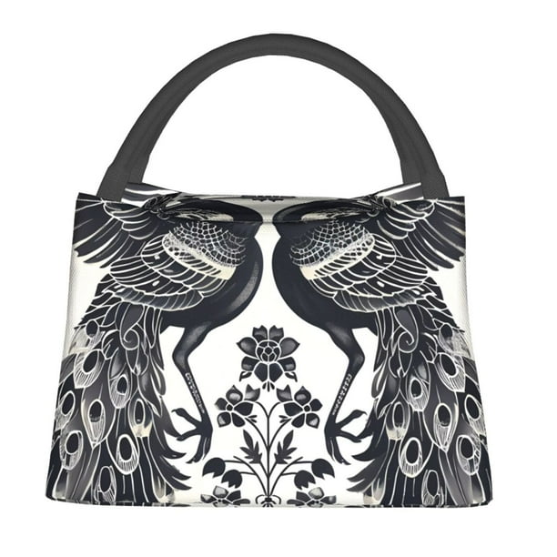 Easygdp Artistic Black White Peacocks Bolsa de Almuerzo Insulada Reutilizable, Bolsa de Mano y Bandolera para Oficina, Trabajo, Viajes