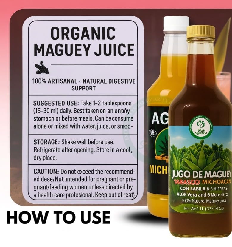 Maguey Jugo(Juice) w/ Aloe Vera & 6 Herbs (Sábila y 6 Hierbas)–1000 ml (1 L) Pure Agave Juice – 100% Artisanal, Vegan, Non-GMO–Natural Digestive Support