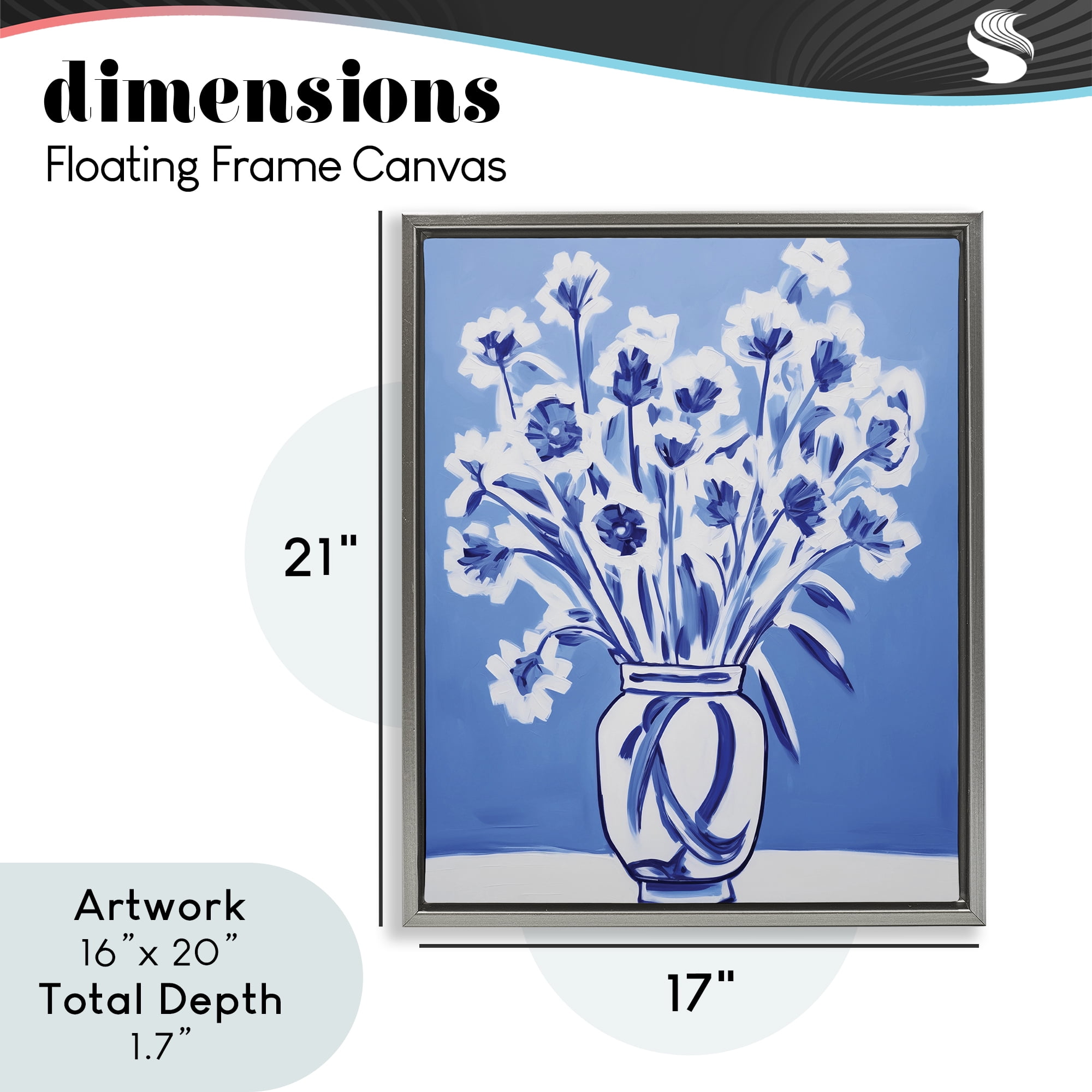 Blue & White Contrast Flowers Gray Framed Floater Canvas Wall Art, design by Lettered and Lined