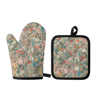 Oven Mitt and Pot Holders Set Cute Rabbit Wearing Floral Wreath Kitchen  Oven Gloves and Hot Pads Heat Resistance Oven Mitts and Potholder with