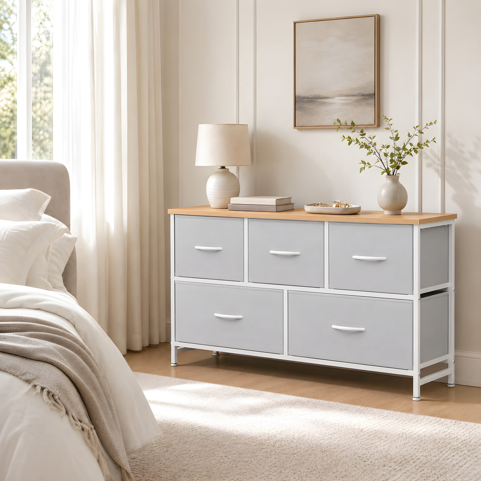 Telyra 5-Drawer Fabric Dresser TV Stand Organizer with Wood Top and Metal Frame, Light Gray