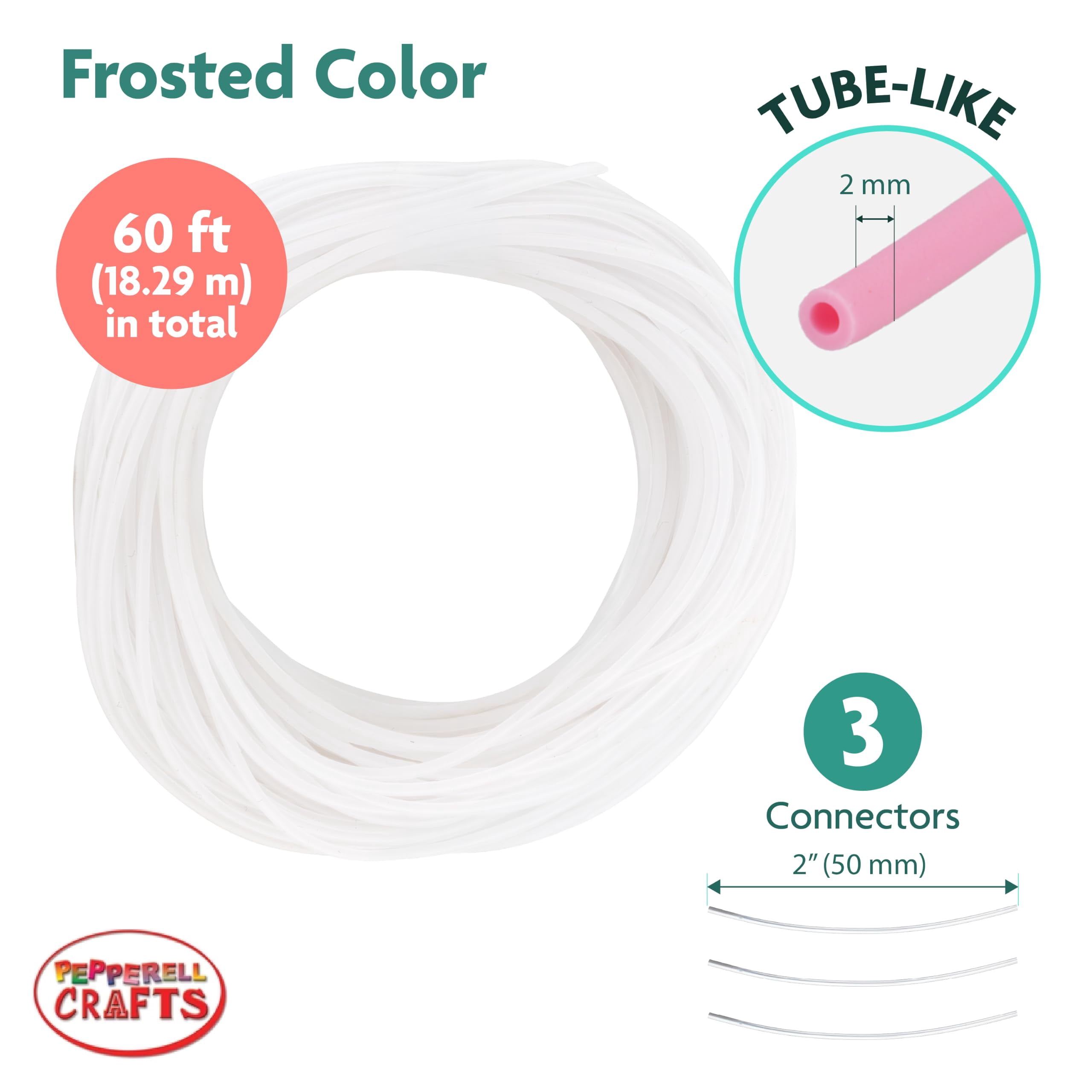 Pepperell Pony Bead Lacing – 2” Dia. Hollow Lacing Tube Cord, Frost Color, 60 ft, w/ 3 Connectors