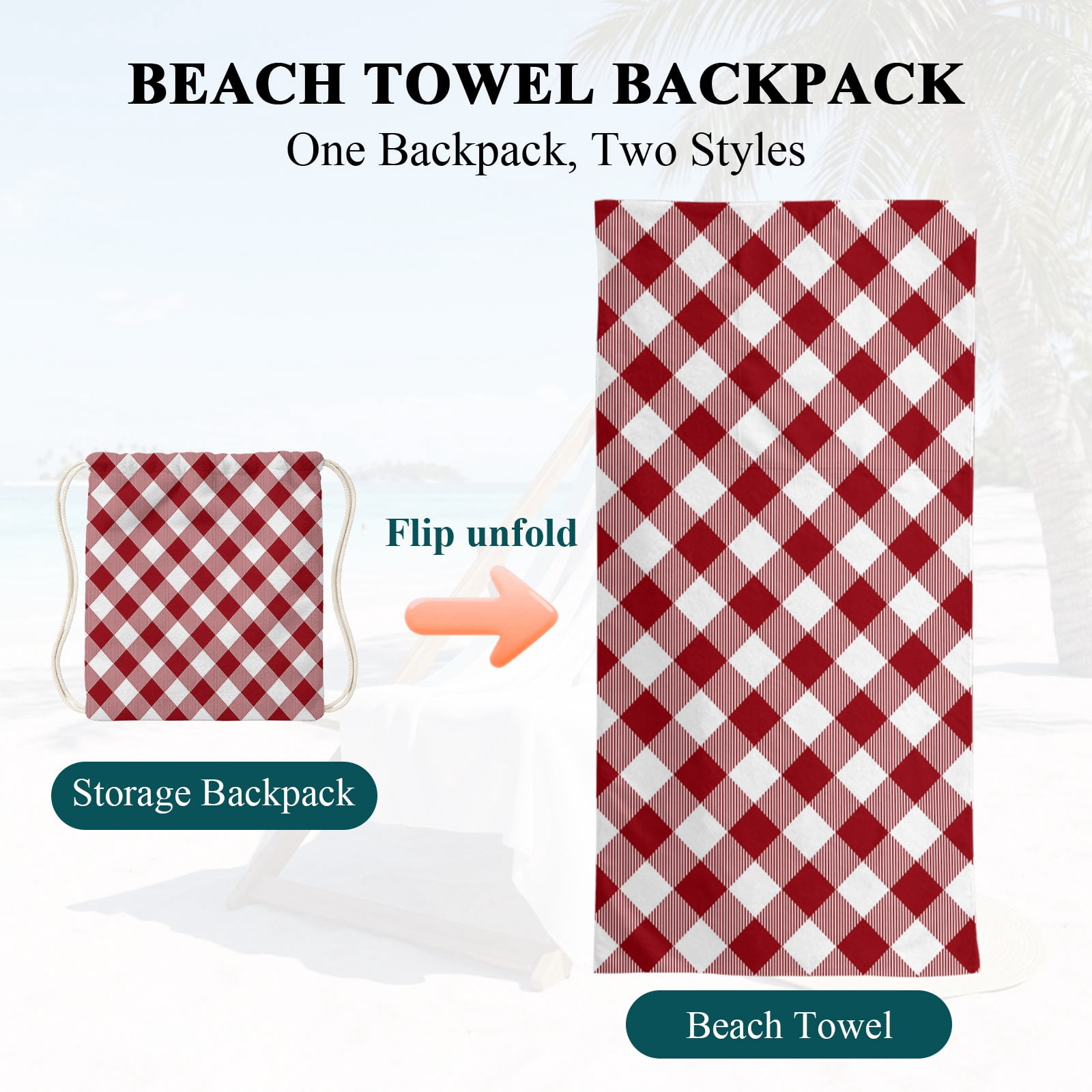 Beach Towel Bag 2 in 1 Dark Red Buffalo Check Plaid Bath Pool Towels Backpack Farmhouse Style Absorbent Beach Towel Soft Quick Dry Lightweight Towels Drawstring Bag for Travel Camping Sports Picnic