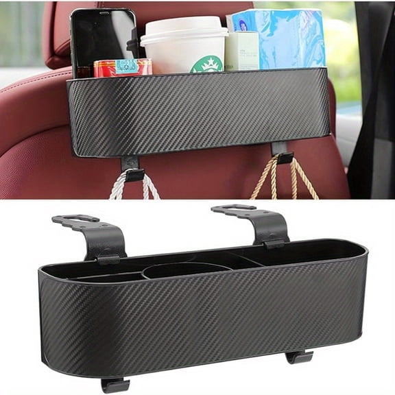 1PC Car Headrest Backseat Organizer with Cup Holder, Seat Back Hanging Storage Box with Hooks, Multi-Functional Drink Pocket Food Snack Phone Tray for Kids, Car Travel Accessories (Black)
