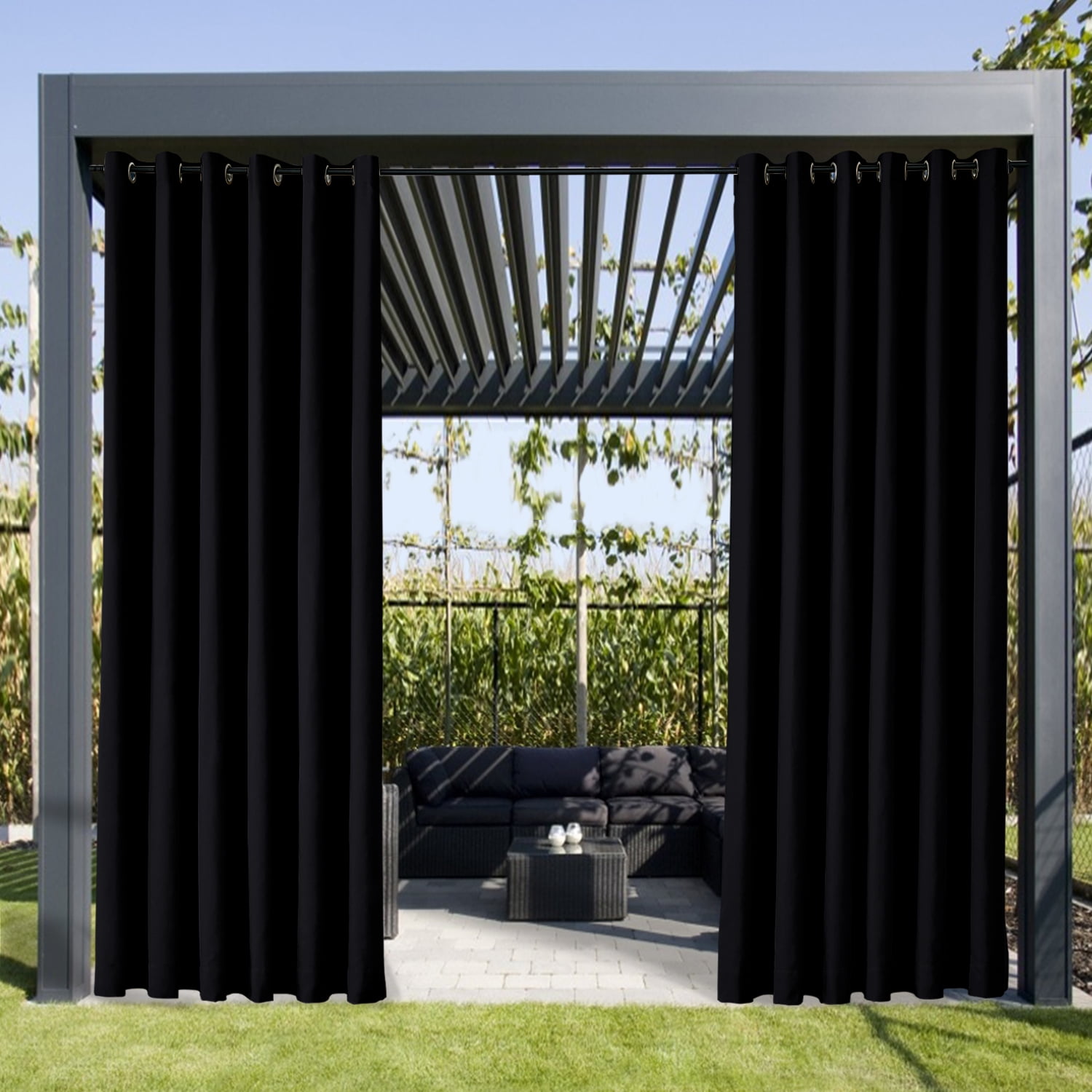 TWOPAGES Fade Resistant Outdoor Drape 42 W X 96 L Inch Grommet Waterproof Curtain, 1 Panel, Black