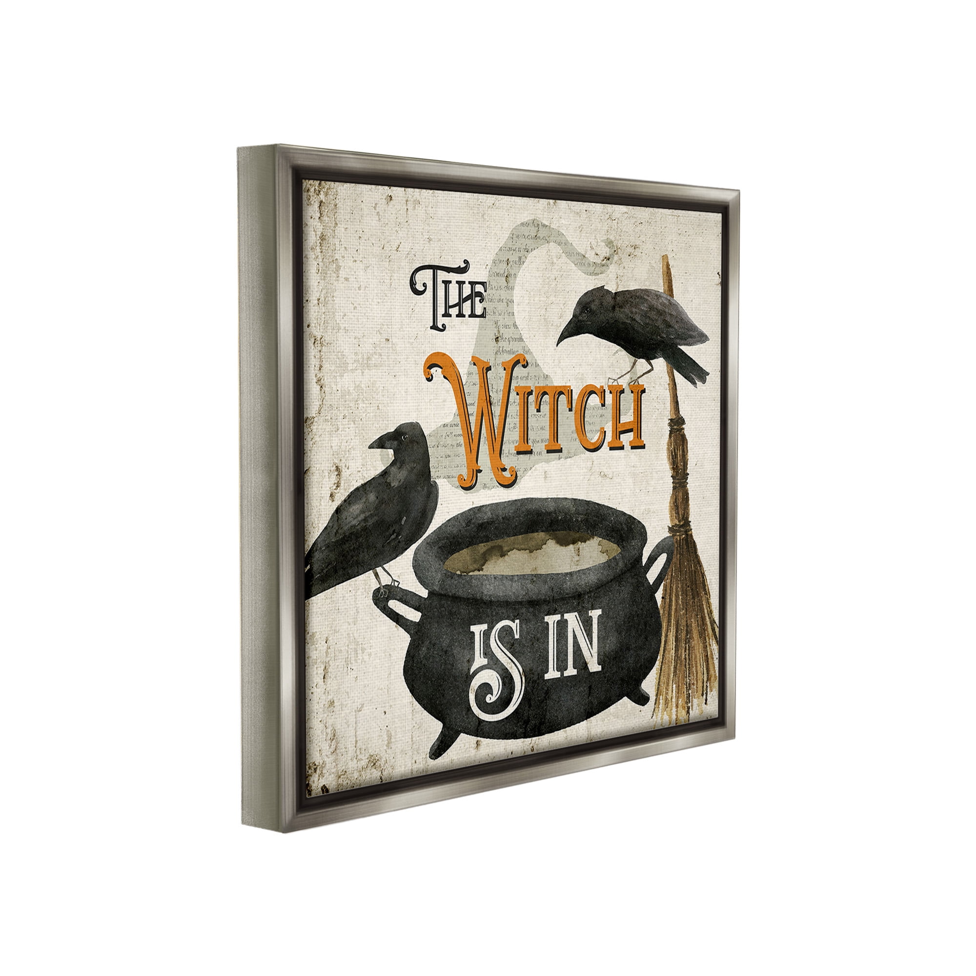 Stupell Industries Vintage Witch Is In Holiday Painting Gray Floater Framed Canvas Art Print Wall Art, 25 x 25
