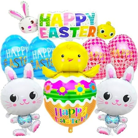 WEEKS Happy Easter Balloons Decoration, Large Bunny Balloons With Chicken Shaped Balloons, Easter Egg Balloons for Easter Party Decorations, Baby Shower, Spring Party Supplies
