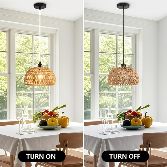 Boho style pendant lamp - farmhouse rattan woven chandelier with woven rope lampshade, country style hanging light, suitable for kitchen islands, living rooms, dining rooms or bedrooms - E26 semi-flu