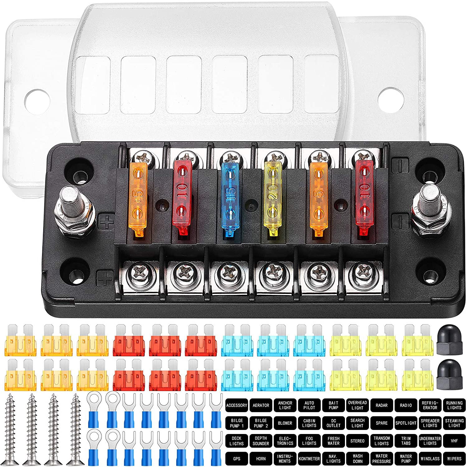 2 Sets Label Stickers 24 Pieces 5A 10A 15A 20A Fuses 16 Pieces Wire Lugs Rings U Shaped Terminal Connectors 4 Pieces Screws for Car Boat 6-Way Automotive Fuse Box Holder 6 Circuit Fuse Holder 