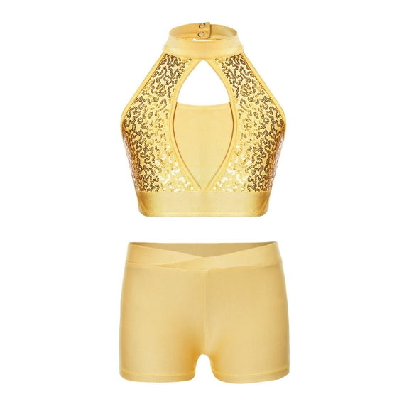 Alvivi Kids Girls Sparkle Dance Performance Outfits Sleeveless Sports Crop Top with Booty Shorts Yellow 8