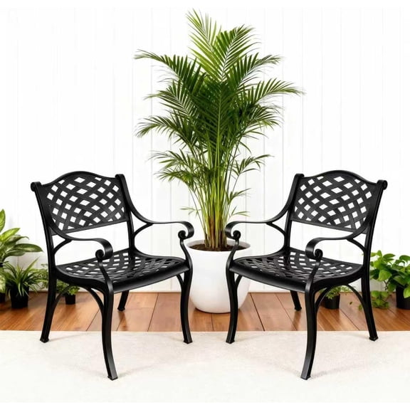 Cast Aluminum Patio Chairs Set of 2,Outdoor Bistro Dining Chair with Armrests,2 Piece Patio Bistro Chair , Patio Furniture for Garden,Black