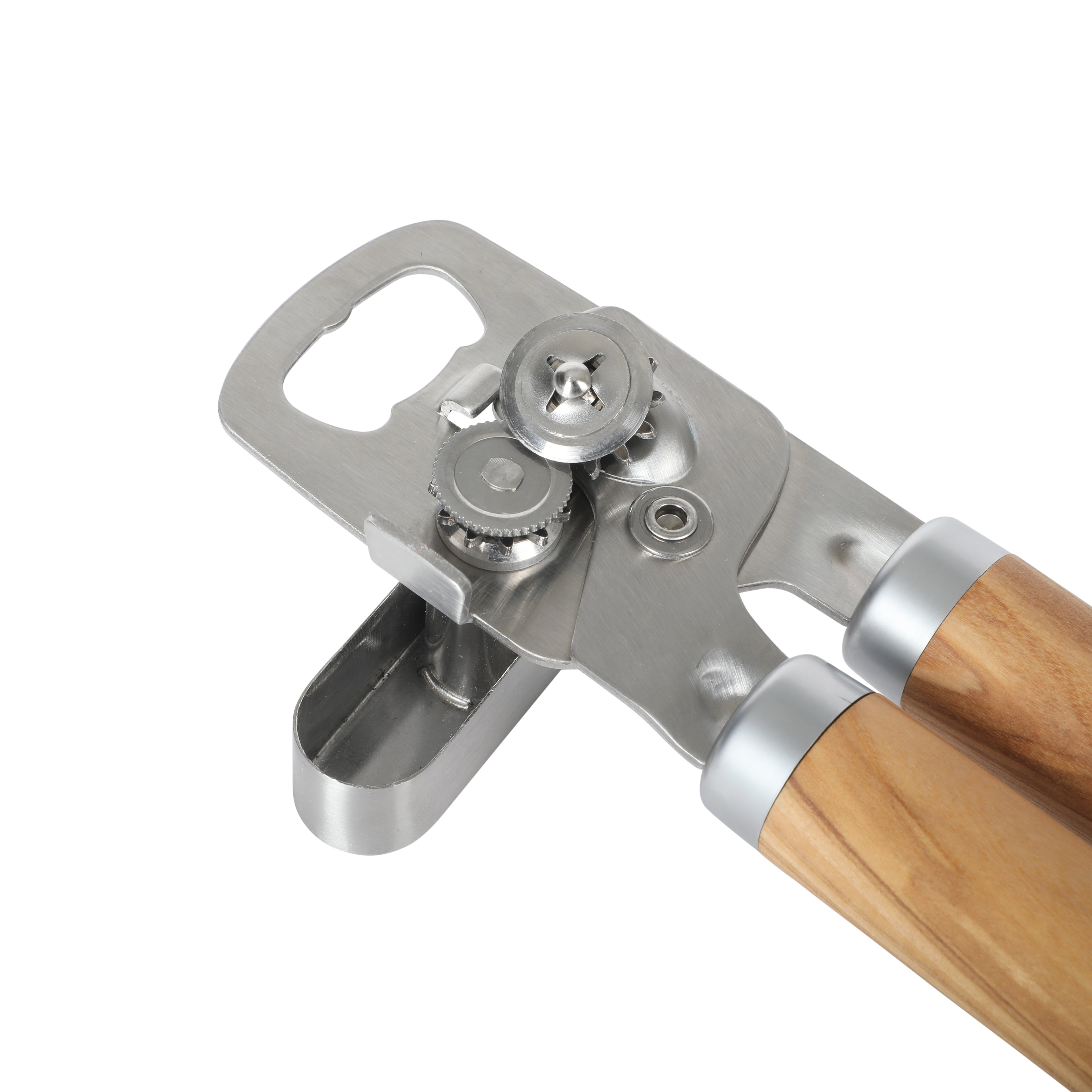 The Pioneer Woman Stainless Steel Manual Can Opener with Built-In Bottle Opener and Olivewood Handles