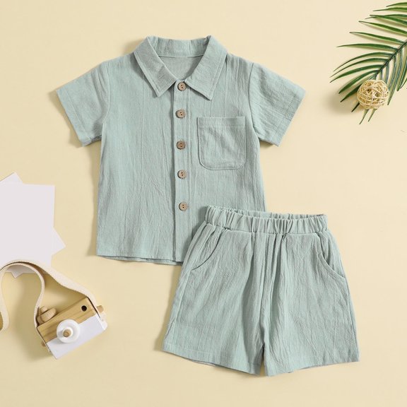 GiLiling Baby Boys Cotton Linen Outfit Solid Color Set Short Sleeve Button Down Tops and Shorts Summer Clothes (C, 12-18 Months)
