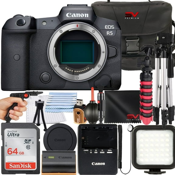 Canon EOS R5 Mirrorless Camera (Body Only) with SanDisk 64GB Memory Card   Case   Tripod   SV Premium Accessory Bundle (International Version)