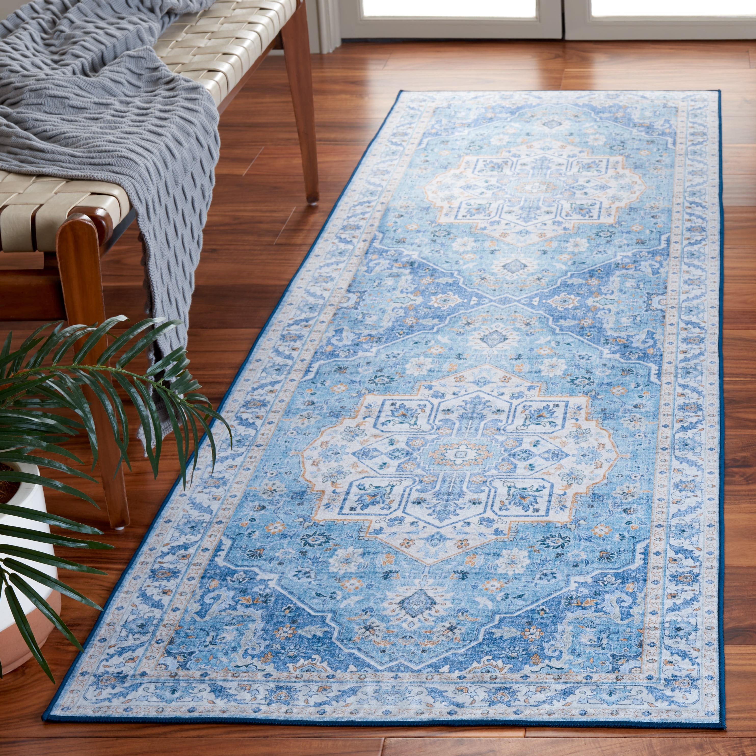 SAFAVIEH Tucson Luvina Oriental Machine Washable Runner Rug, Light Blue/Blue, 2'6" x 6'